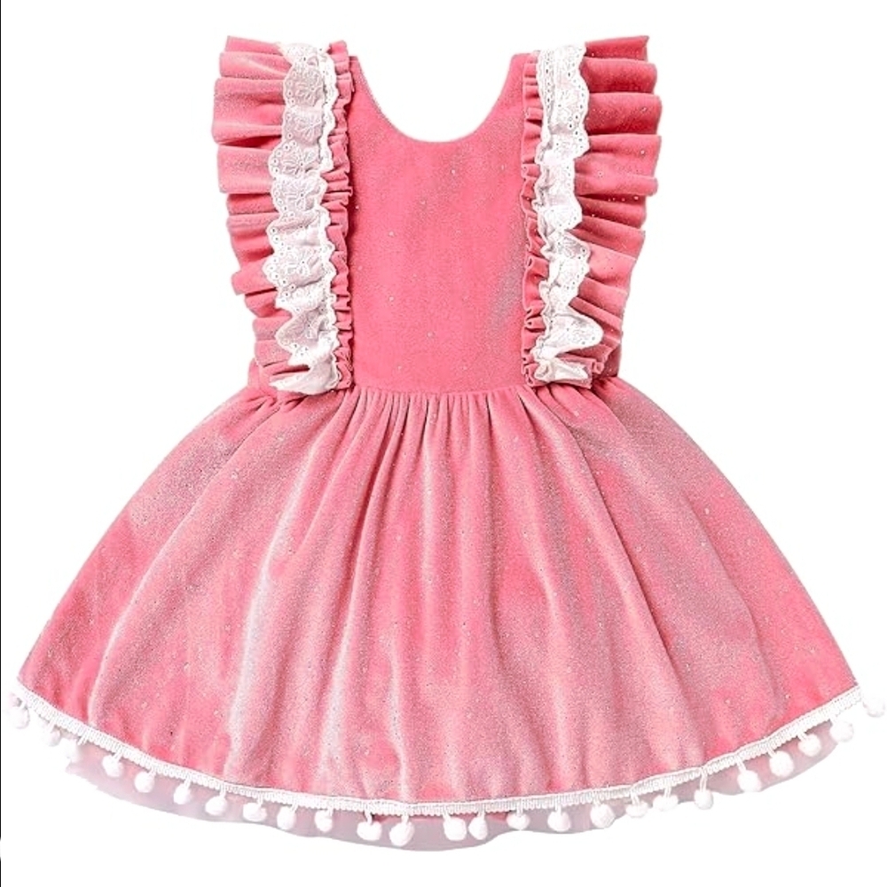 IMEKIS - Pink Velvet Pom Pom Baby Romper Dress